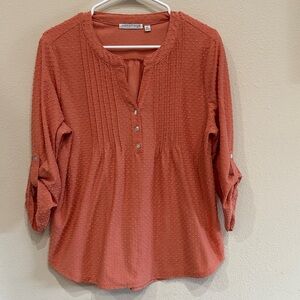 NOTATIONS Textured Coral VNeck  Blouse With Button Cuff Sleeve PXL
